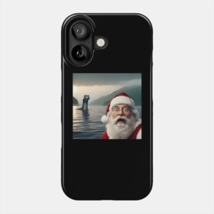 Scared Santa Claus standing near Loch Ness in Scotland takes selfie with Loch Ness Monster Nessie Phone Case