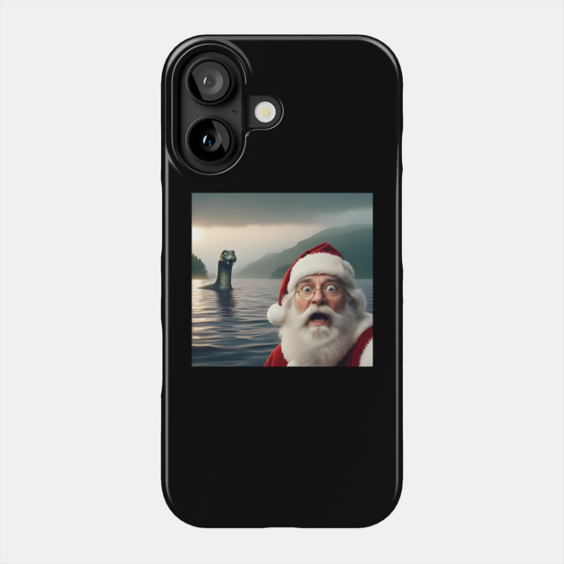 Scared Santa Claus standing near Loch Ness in Scotland takes selfie with Loch Ness Monster Nessie Phone Case by Luxinda