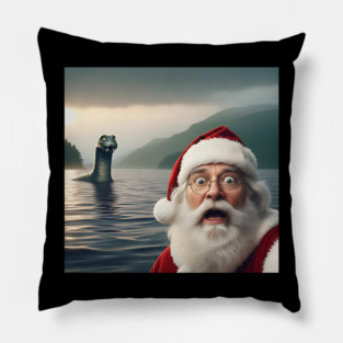 Scared Santa Claus standing near Loch Ness in Scotland takes selfie with Loch Ness Monster Nessie Pillow