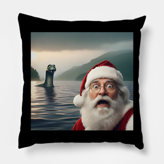 Scared Santa Claus standing near Loch Ness in Scotland takes selfie with Loch Ness Monster Nessie Pillow by Luxinda