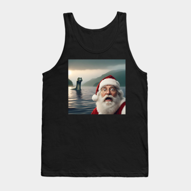 Scared Santa Claus standing near Loch Ness in Scotland takes selfie with Loch Ness Monster Nessie Tank Top by Luxinda