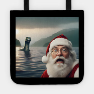 Scared Santa Claus standing near Loch Ness in Scotland takes selfie with Loch Ness Monster Nessie Tote