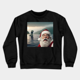 Scared Santa Claus standing near Loch Ness in Scotland takes selfie with Loch Ness Monster Nessie Crewneck Sweatshirt