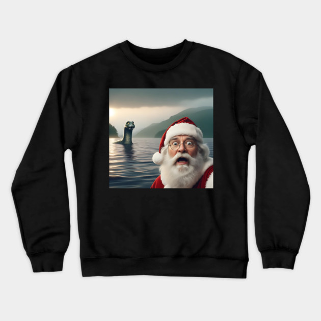 Scared Santa Claus standing near Loch Ness in Scotland takes selfie with Loch Ness Monster Nessie Crewneck Sweatshirt by Luxinda