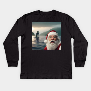 Scared Santa Claus standing near Loch Ness in Scotland takes selfie with Loch Ness Monster Nessie Kids Long Sleeve T-Shirt
