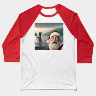Scared Santa Claus standing near Loch Ness in Scotland takes selfie with Loch Ness Monster Nessie Baseball T-Shirt