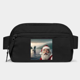 Scared Santa Claus standing near Loch Ness in Scotland takes selfie with Loch Ness Monster Nessie Bag