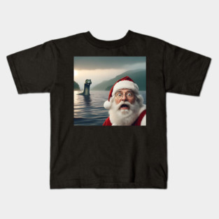Scared Santa Claus standing near Loch Ness in Scotland takes selfie with Loch Ness Monster Nessie Kids T-Shirt