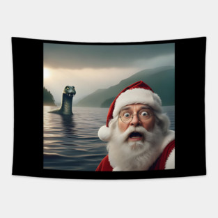 Scared Santa Claus standing near Loch Ness in Scotland takes selfie with Loch Ness Monster Nessie Tapestry