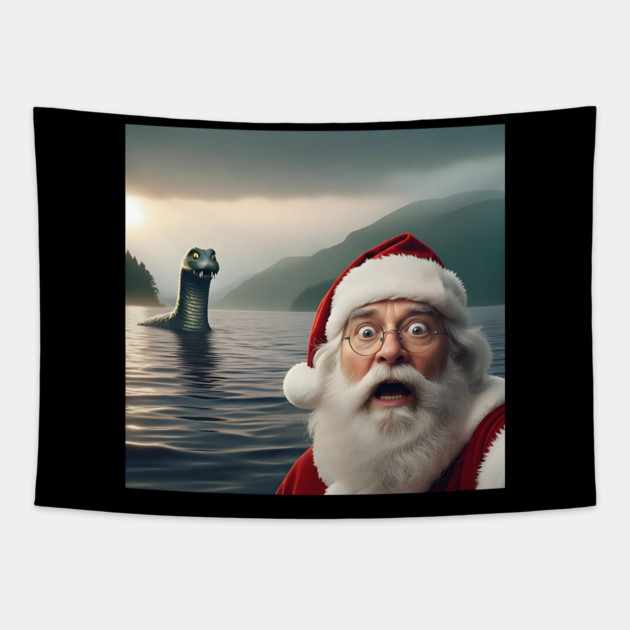 Scared Santa Claus standing near Loch Ness in Scotland takes selfie with Loch Ness Monster Nessie Tapestry by Luxinda