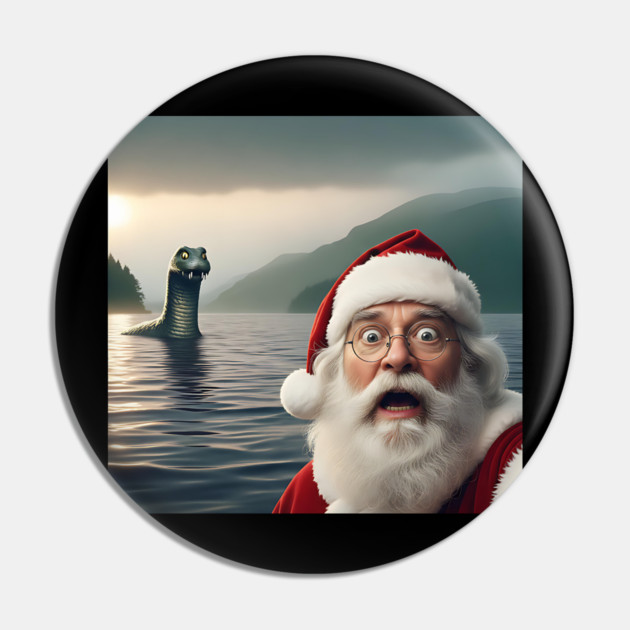 Scared Santa Claus standing near Loch Ness in Scotland takes selfie with Loch Ness Monster Nessie Pin by Luxinda