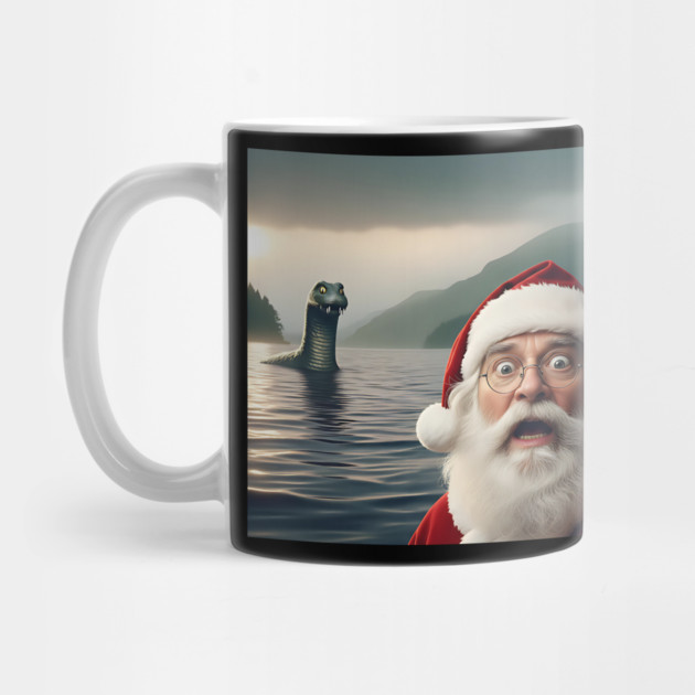 Scared Santa Claus standing near Loch Ness in Scotland takes selfie with Loch Ness Monster Nessie by Luxinda