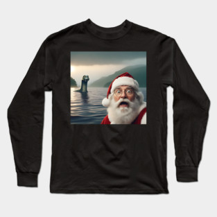 Scared Santa Claus standing near Loch Ness in Scotland takes selfie with Loch Ness Monster Nessie Long Sleeve T-Shirt