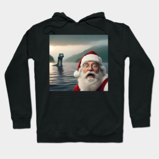 Scared Santa Claus standing near Loch Ness in Scotland takes selfie with Loch Ness Monster Nessie Hoodie