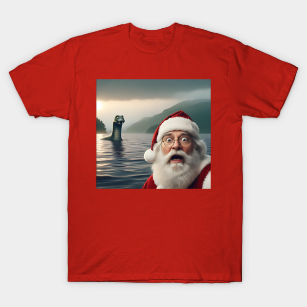 Scared Santa Claus standing near Loch Ness in Scotland takes selfie with Loch Ness Monster Nessie T-Shirt by Luxinda