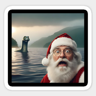 Scared Santa Claus standing near Loch Ness in Scotland takes selfie with Loch Ness Monster Nessie Magnet