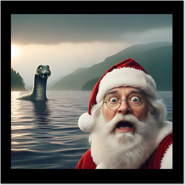 Scared Santa Claus standing near Loch Ness in Scotland takes selfie with Loch Ness Monster Nessie Wall Art by Luxinda