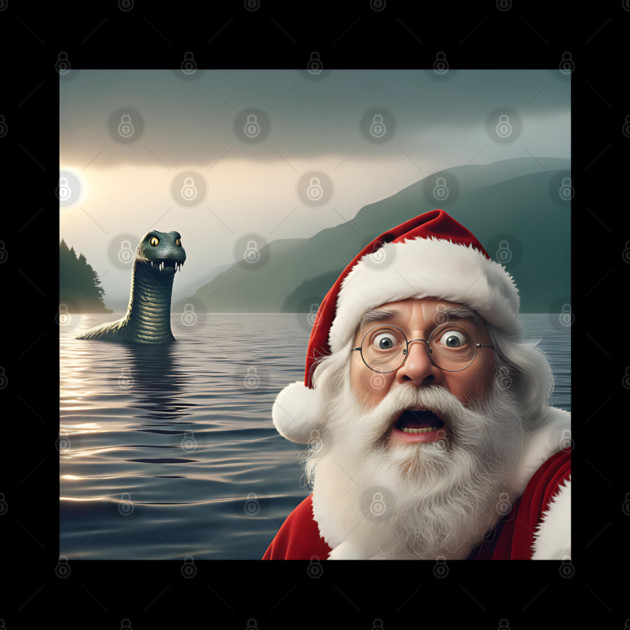 Scared Santa Claus standing near Loch Ness in Scotland takes selfie with Loch Ness Monster Nessie by Luxinda