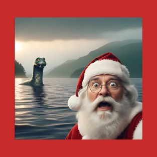 Scared Santa Claus standing near Loch Ness in Scotland takes selfie with Loch Ness Monster Nessie T-Shirt
