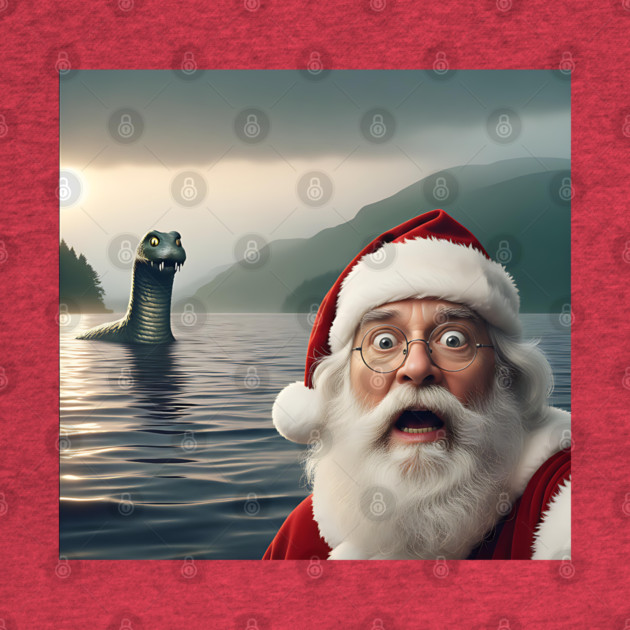 Scared Santa Claus standing near Loch Ness in Scotland takes selfie with Loch Ness Monster Nessie by Luxinda