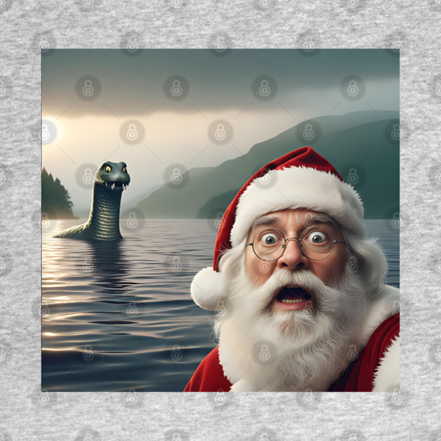 Scared Santa Claus standing near Loch Ness in Scotland takes selfie with Loch Ness Monster Nessie by Luxinda