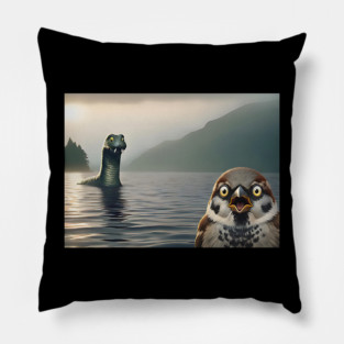 Surprised Sparrow Selfie with Loch Ness Monster Nessie funny design Pillow