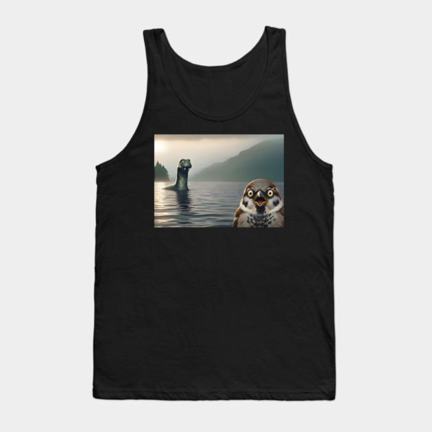 Surprised Sparrow Selfie with Loch Ness Monster Nessie funny design Tank Top by Luxinda