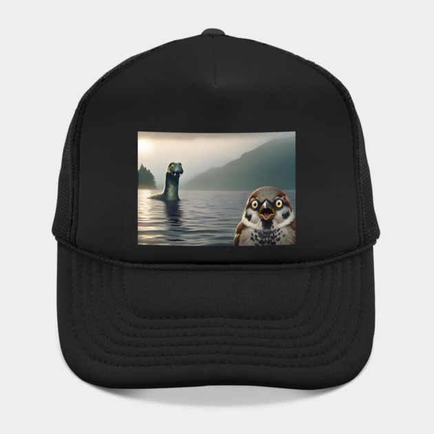 Surprised Sparrow Selfie with Loch Ness Monster Nessie funny design by Luxinda