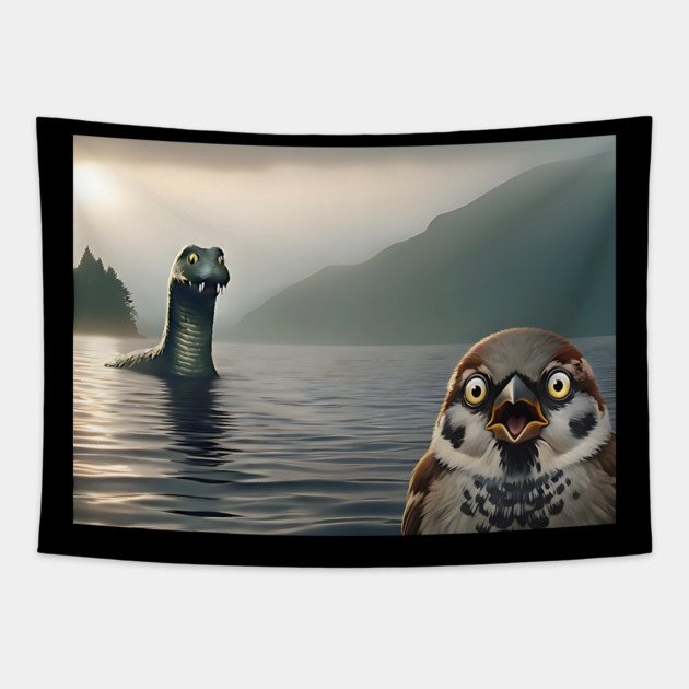Surprised Sparrow Selfie with Loch Ness Monster Nessie funny design Tapestry by Luxinda