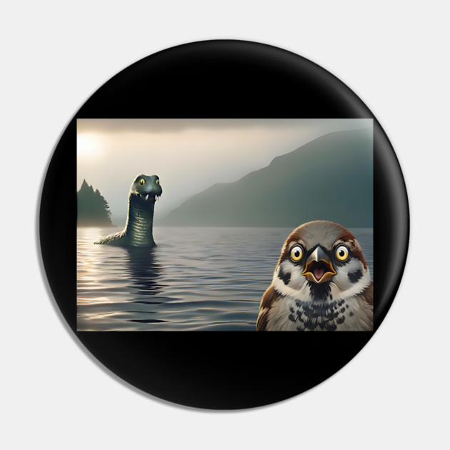 Surprised Sparrow Selfie with Loch Ness Monster Nessie funny design Pin by Luxinda