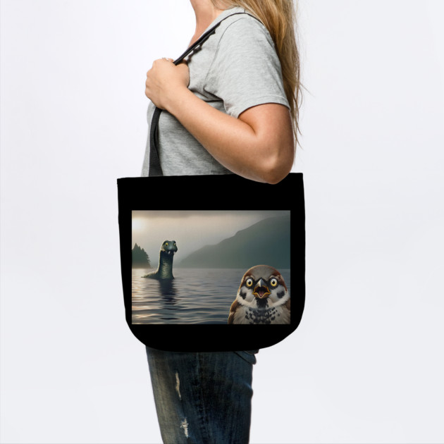 Surprised Sparrow Selfie with Loch Ness Monster Nessie funny design by Luxinda
