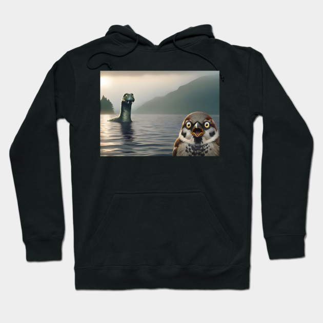 Surprised Sparrow Selfie with Loch Ness Monster Nessie funny design Hoodie by Luxinda