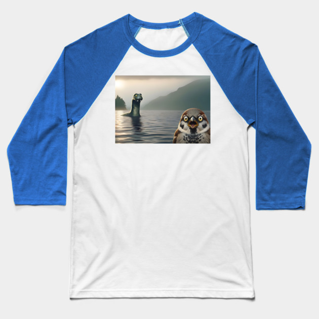 Surprised Sparrow Selfie with Loch Ness Monster Nessie funny design Baseball T-Shirt by Luxinda