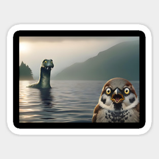 Surprised Sparrow Selfie with Loch Ness Monster Nessie funny design Sticker