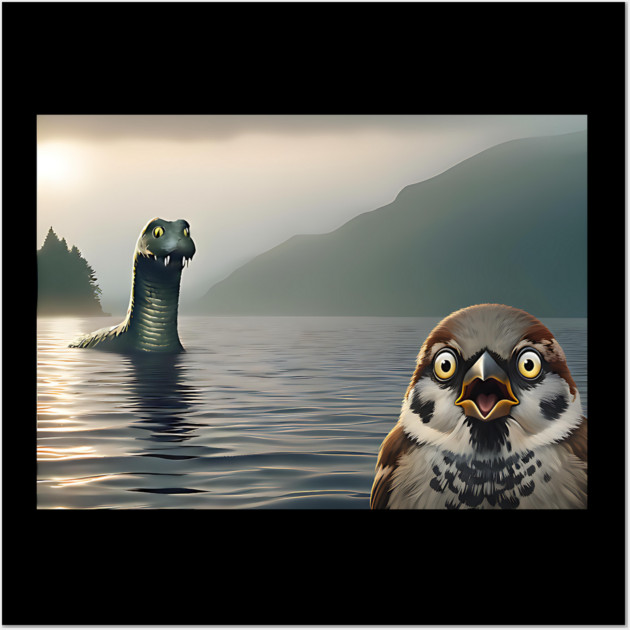 Surprised Sparrow Selfie with Loch Ness Monster Nessie funny design Wall Art by Luxinda
