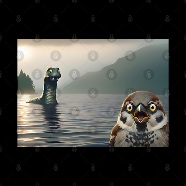 Surprised Sparrow Selfie with Loch Ness Monster Nessie funny design by Luxinda