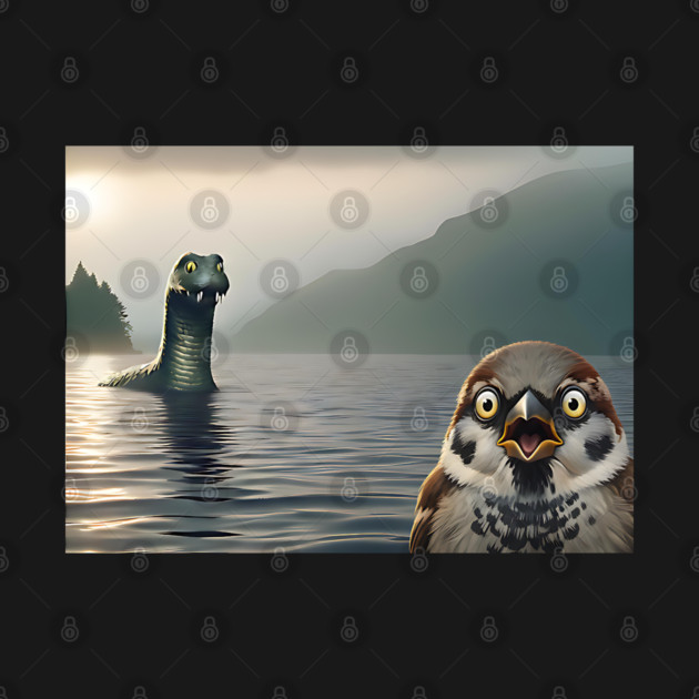 Surprised Sparrow Selfie with Loch Ness Monster Nessie funny design by Luxinda