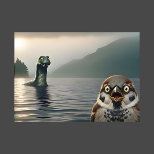 Surprised Sparrow Selfie with Loch Ness Monster Nessie funny design T-Shirt