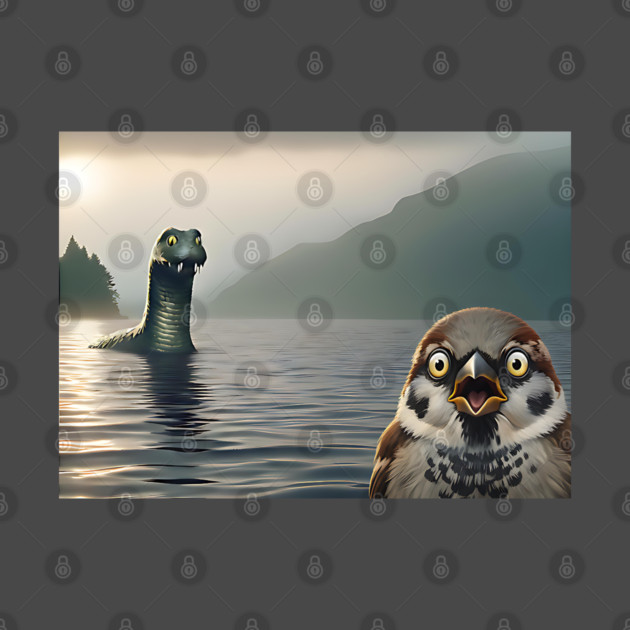 Surprised Sparrow Selfie with Loch Ness Monster Nessie funny design by Luxinda