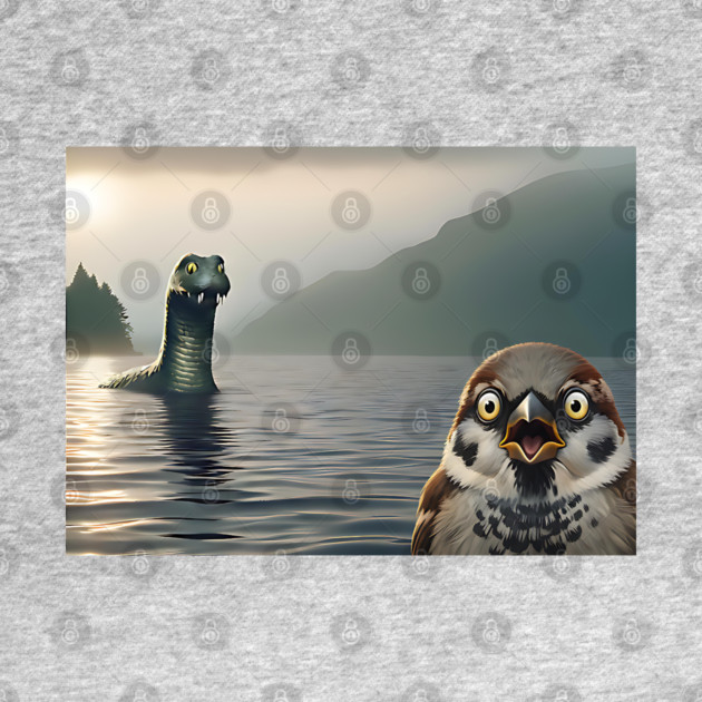 Surprised Sparrow Selfie with Loch Ness Monster Nessie funny design by Luxinda