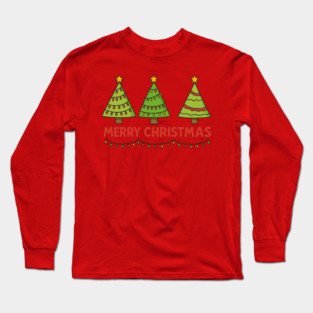 Merry Christmas Trees – Cute Holiday Lights & Festive Script Long Sleeve T-Shirt