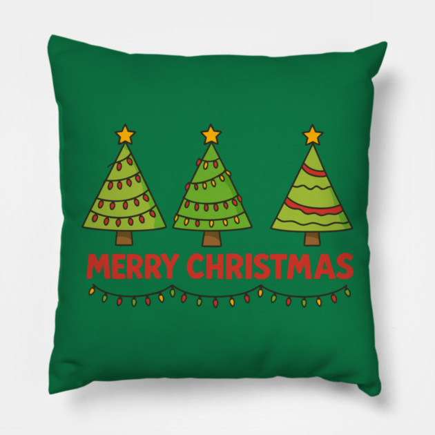 Merry Christmas Trees – Cute Holiday Lights & Festive Script Pillow by DonWillisJrArt