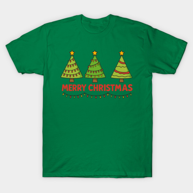 Merry Christmas Trees – Cute Holiday Lights & Festive Script T-Shirt by DonWillisJrArt