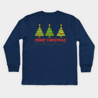Merry Christmas Trees – Cute Holiday Lights & Festive Script Kids Long Sleeve T-Shirt