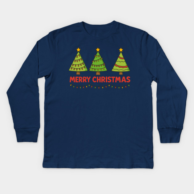 Merry Christmas Trees – Cute Holiday Lights & Festive Script Kids Long Sleeve T-Shirt by DonWillisJrArt