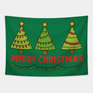 Merry Christmas Trees – Cute Holiday Lights & Festive Script Tapestry