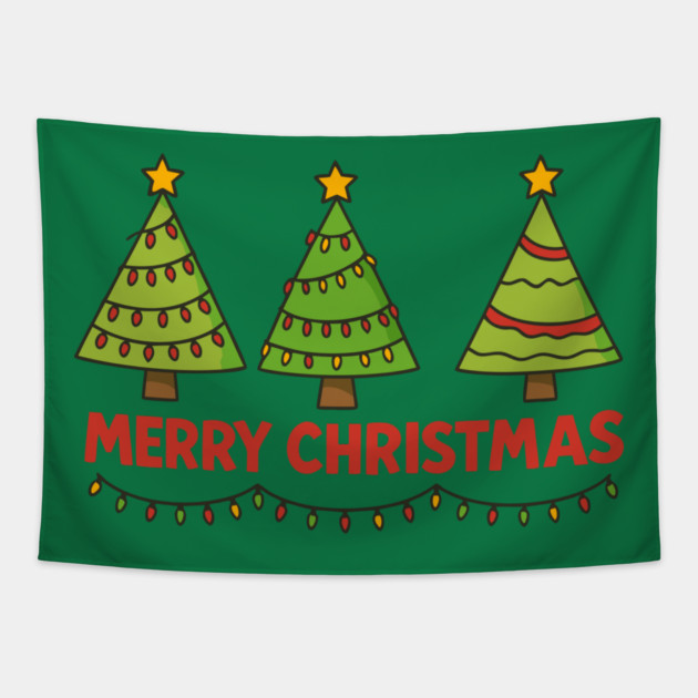 Merry Christmas Trees – Cute Holiday Lights & Festive Script Tapestry by DonWillisJrArt
