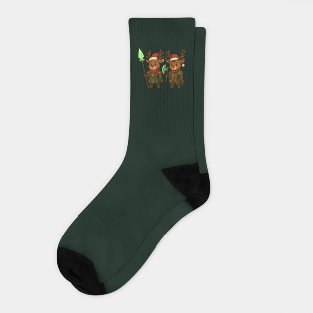 Christmas Reindeer Warriors – Festive Fantasy RPG Holiday Design Socks by Anne Lee