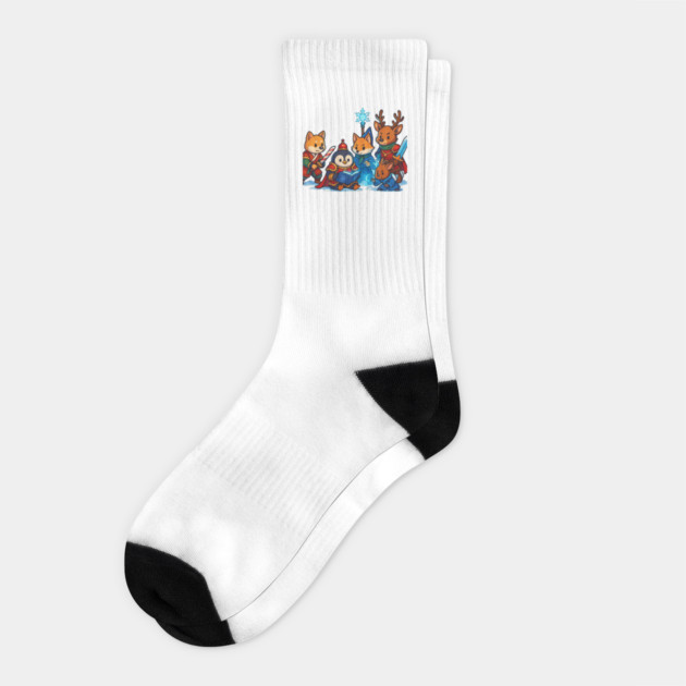 Winter Fantasy Adventurers – Cute Christmas RPG Animal Party Design Socks by Anne Lee