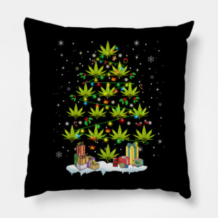 Funny Cannabis Christmas Tree with Lights and Holiday Gifts Art Pillow
